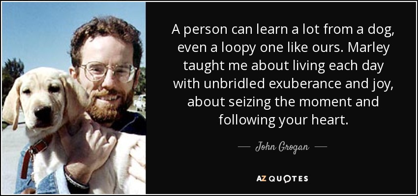 A person can learn a lot from a dog, even a loopy one like ours. Marley taught me about living each day with unbridled exuberance and joy, about seizing the moment and following your heart. - John Grogan