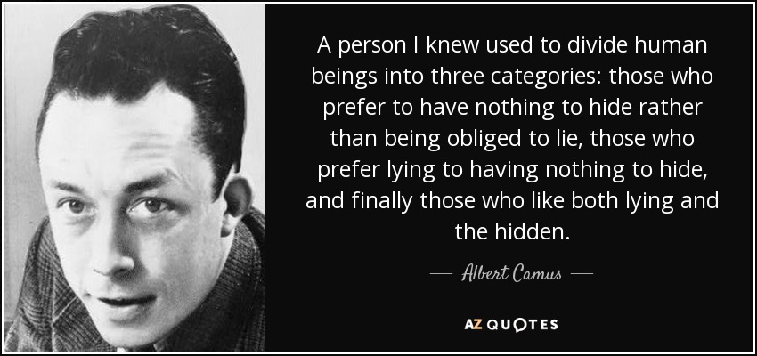 A person I knew used to divide human beings into three categories: those who prefer to have nothing to hide rather than being obliged to lie, those who prefer lying to having nothing to hide, and finally those who like both lying and the hidden. - Albert Camus