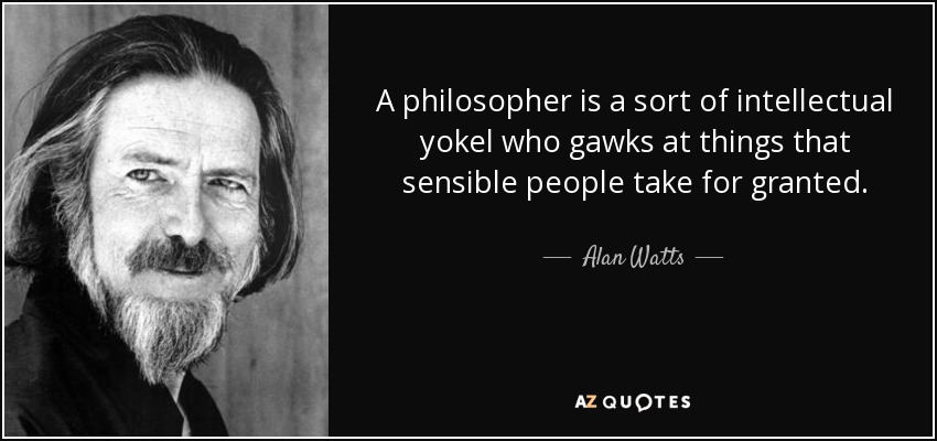 A philosopher is a sort of intellectual yokel who gawks at things that sensible people take for granted. - Alan Watts