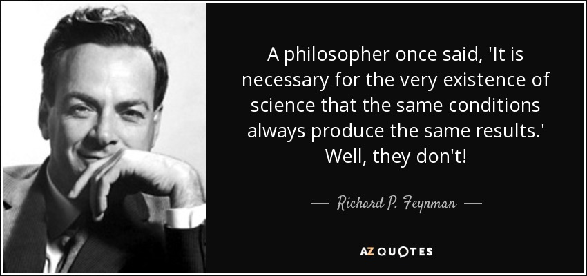 A philosopher once said, 'It is necessary for the very existence of science that the same conditions always produce the same results.' Well, they don't! - Richard P. Feynman