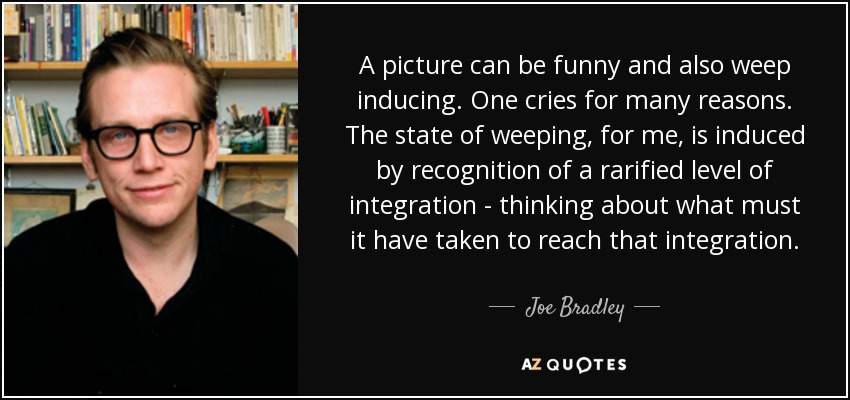 A picture can be funny and also weep inducing. One cries for many reasons. The state of weeping, for me, is induced by recognition of a rarified level of integration - thinking about what must it have taken to reach that integration. - Joe Bradley