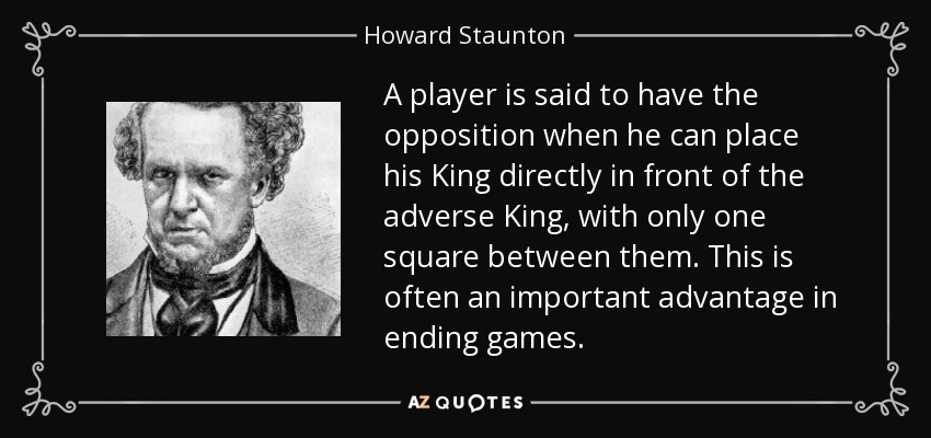 A player is said to have the opposition when he can place his King directly in front of the adverse King, with only one square between them. This is often an important advantage in ending games. - Howard Staunton