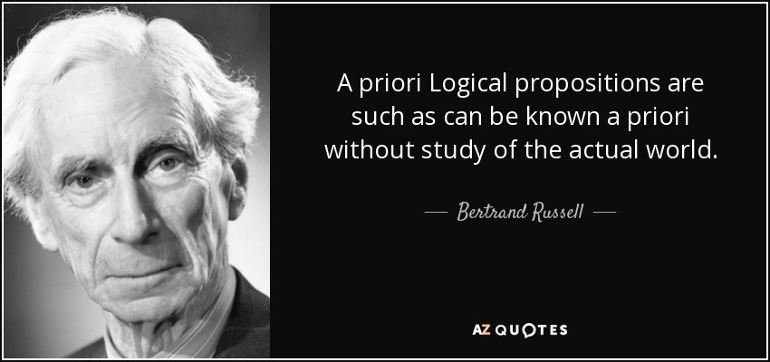 A priori Logical propositions are such as can be known a priori without study of the actual world. - Bertrand Russell