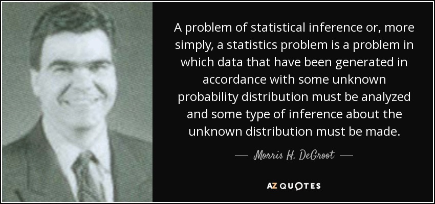 A problem of statistical inference or, more simply, a statistics problem is a problem in which data that have been generated in accordance with some unknown probability distribution must be analyzed and some type of inference about the unknown distribution must be made. - Morris H. DeGroot
