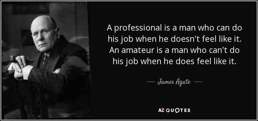 A professional is a man who can do his job when he doesn't feel like it. An amateur is a man who can't do his job when he does feel like it. - James Agate