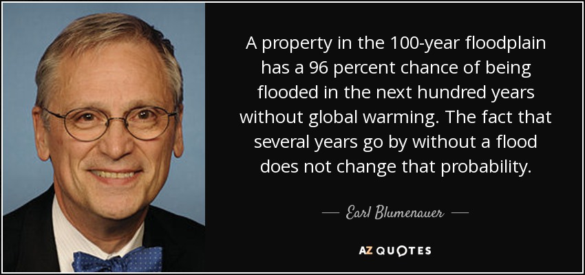A property in the 100-year floodplain has a 96 percent chance of being flooded in the next hundred years without global warming. The fact that several years go by without a flood does not change that probability. - Earl Blumenauer