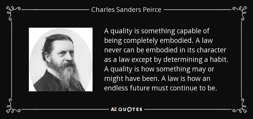 A quality is something capable of being completely embodied. A law never can be embodied in its character as a law except by determining a habit. A quality is how something may or might have been. A law is how an endless future must continue to be. - Charles Sanders Peirce
