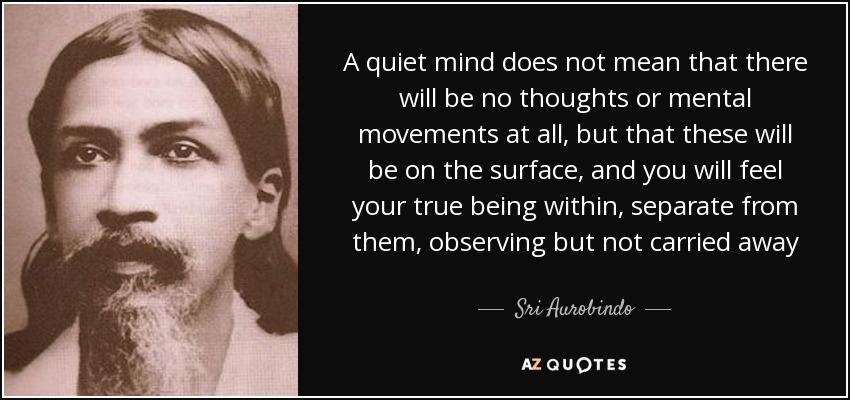 A quiet mind does not mean that there will be no thoughts or mental movements at all, but that these will be on the surface, and you will feel your true being within, separate from them, observing but not carried away - Sri Aurobindo