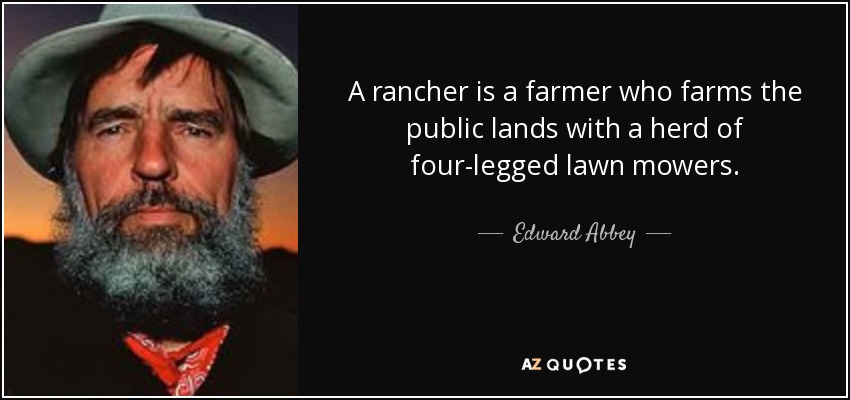 A rancher is a farmer who farms the public lands with a herd of four-legged lawn mowers. - Edward Abbey