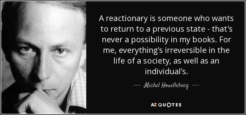 A reactionary is someone who wants to return to a previous state - that's never a possibility in my books. For me, everything's irreversible in the life of a society, as well as an individual's. - Michel Houellebecq