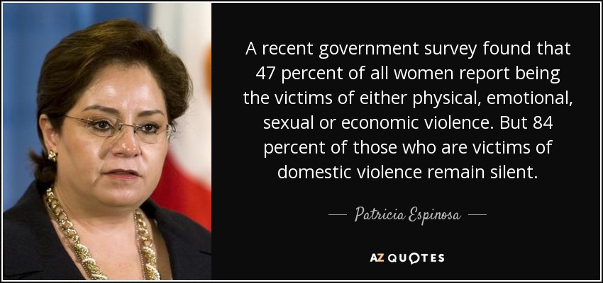 A recent government survey found that 47 percent of all women report being the victims of either physical, emotional, sexual or economic violence. But 84 percent of those who are victims of domestic violence remain silent. - Patricia Espinosa