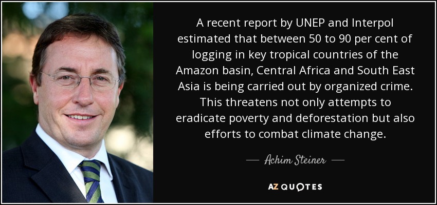 A recent report by UNEP and Interpol estimated that between 50 to 90 per cent of logging in key tropical countries of the Amazon basin, Central Africa and South East Asia is being carried out by organized crime. This threatens not only attempts to eradicate poverty and deforestation but also efforts to combat climate change. - Achim Steiner