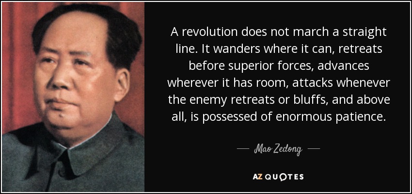 A revolution does not march a straight line. It wanders where it can, retreats before superior forces, advances wherever it has room, attacks whenever the enemy retreats or bluffs, and above all, is possessed of enormous patience. - Mao Zedong