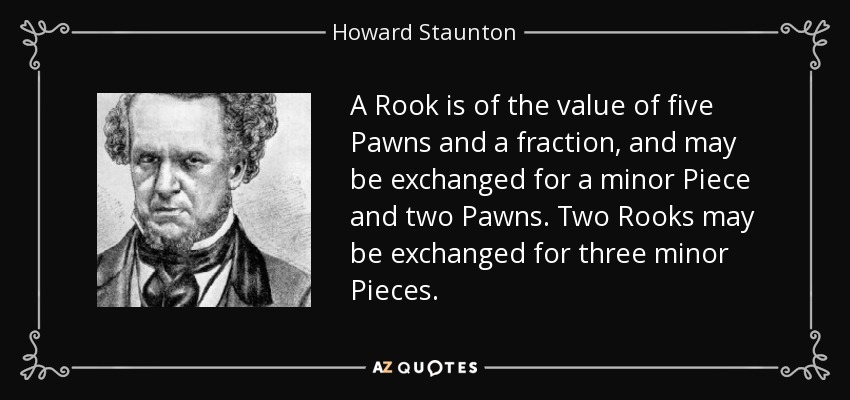 A Rook is of the value of five Pawns and a fraction, and may be exchanged for a minor Piece and two Pawns. Two Rooks may be exchanged for three minor Pieces. - Howard Staunton