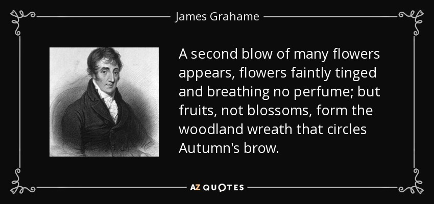 A second blow of many flowers appears, flowers faintly tinged and breathing no perfume; but fruits, not blossoms, form the woodland wreath that circles Autumn's brow. - James Grahame