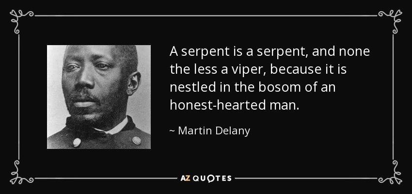 A serpent is a serpent, and none the less a viper, because it is nestled in the bosom of an honest-hearted man. - Martin Delany