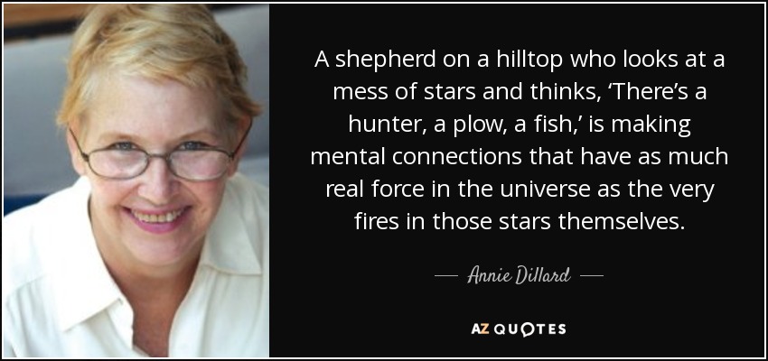 A shepherd on a hilltop who looks at a mess of stars and thinks, ‘There’s a hunter, a plow, a fish,’ is making mental connections that have as much real force in the universe as the very fires in those stars themselves. - Annie Dillard