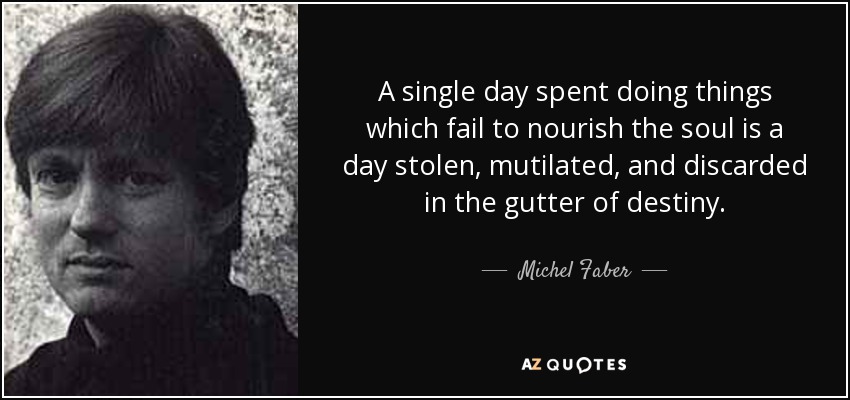 A single day spent doing things which fail to nourish the soul is a day stolen, mutilated, and discarded in the gutter of destiny. - Michel Faber