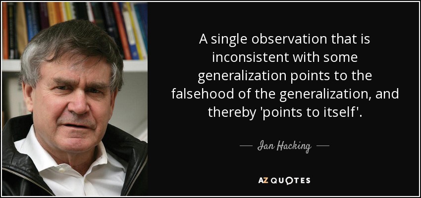 A single observation that is inconsistent with some generalization points to the falsehood of the generalization, and thereby 'points to itself'. - Ian Hacking