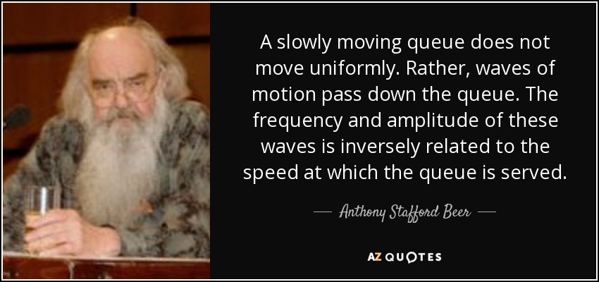 A slowly moving queue does not move uniformly. Rather, waves of motion pass down the queue. The frequency and amplitude of these waves is inversely related to the speed at which the queue is served. - Anthony Stafford Beer