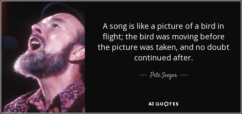A song is like a picture of a bird in flight; the bird was moving before the picture was taken, and no doubt continued after. - Pete Seeger