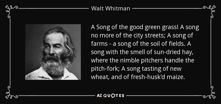 A Song of the good green grass! A song no more of the city streets; A song of farms - a song of the soil of fields. A song with the smell of sun-dried hay, where the nimble pitchers handle the pitch-fork; A song tasting of new wheat, and of fresh-husk'd maize. - Walt Whitman