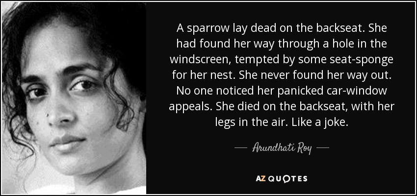 A sparrow lay dead on the backseat. She had found her way through a hole in the windscreen, tempted by some seat-sponge for her nest. She never found her way out. No one noticed her panicked car-window appeals. She died on the backseat, with her legs in the air. Like a joke. - Arundhati Roy