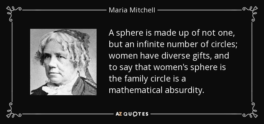 A sphere is made up of not one, but an infinite number of circles; women have diverse gifts, and to say that women's sphere is the family circle is a mathematical absurdity. - Maria Mitchell