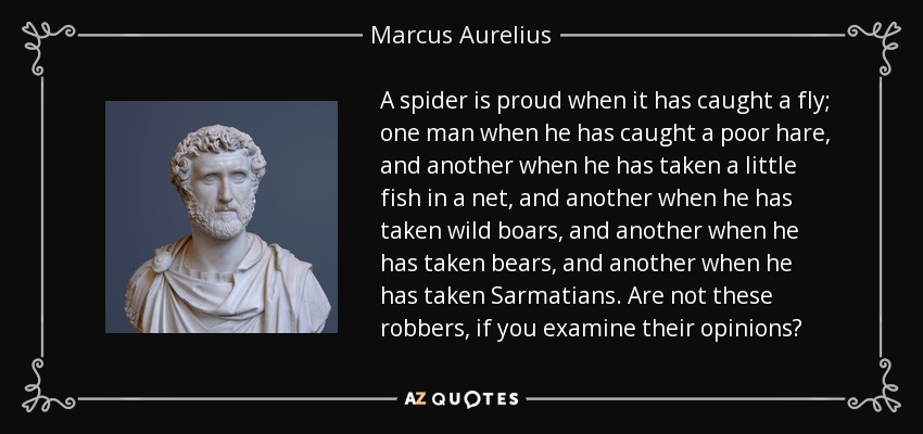 A spider is proud when it has caught a fly; one man when he has caught a poor hare, and another when he has taken a little fish in a net, and another when he has taken wild boars, and another when he has taken bears, and another when he has taken Sarmatians. Are not these robbers, if you examine their opinions? - Marcus Aurelius