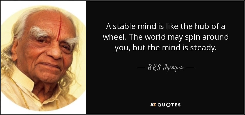 A stable mind is like the hub of a wheel. The world may spin around you, but the mind is steady. - B.K.S. Iyengar
