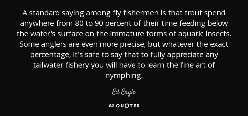 A standard saying among fly fishermen is that trout spend anywhere from 80 to 90 percent of their time feeding below the water's surface on the immature forms of aquatic insects. Some anglers are even more precise, but whatever the exact percentage , it's safe to say that to fully appreciate any tailwater fishery you will have to learn the fine art of nymphing. - Ed Engle
