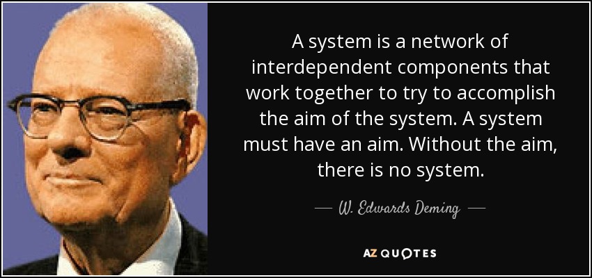 A system is a network of interdependent components that work together to try to accomplish the aim of the system. A system must have an aim. Without the aim, there is no system. - W. Edwards Deming
