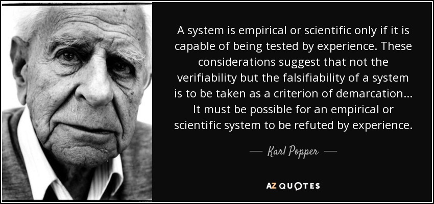A system is empirical or scientific only if it is capable of being tested by experience. These considerations suggest that not the verifiability but the falsifiability of a system is to be taken as a criterion of demarcation... It must be possible for an empirical or scientific system to be refuted by experience. - Karl Popper