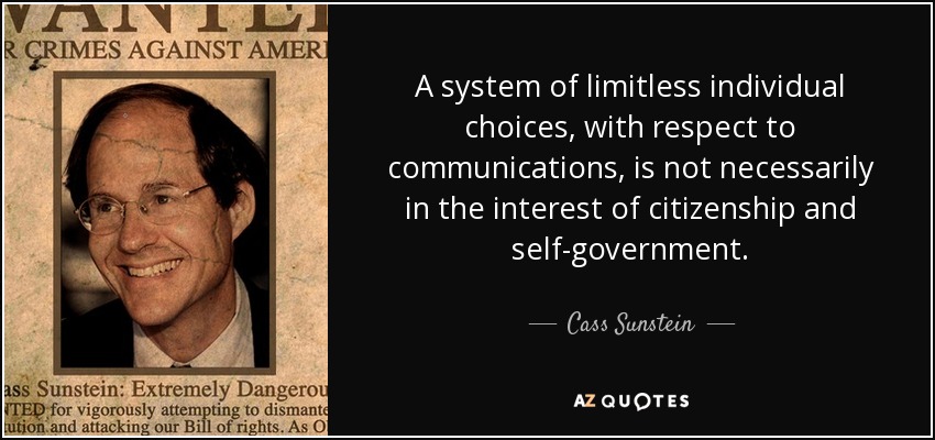 A system of limitless individual choices, with respect to communications, is not necessarily in the interest of citizenship and self-government. - Cass Sunstein