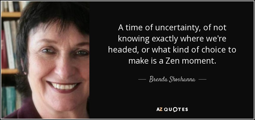 A time of uncertainty, of not knowing exactly where we're headed, or what kind of choice to make is a Zen moment. - Brenda Shoshanna