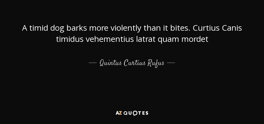 A timid dog barks more violently than it bites. Curtius Canis timidus vehementius latrat quam mordet - Quintus Curtius Rufus