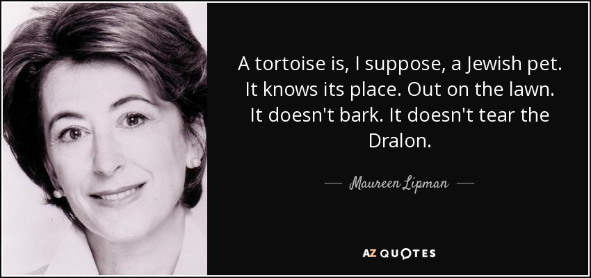 A tortoise is, I suppose, a Jewish pet. It knows its place. Out on the lawn. It doesn't bark. It doesn't tear the Dralon. - Maureen Lipman