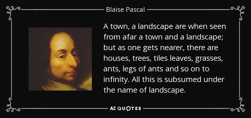 A town, a landscape are when seen from afar a town and a landscape; but as one gets nearer, there are houses, trees, tiles leaves, grasses, ants, legs of ants and so on to infinity. All this is subsumed under the name of landscape. - Blaise Pascal