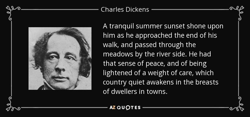 A tranquil summer sunset shone upon him as he approached the end of his walk, and passed through the meadows by the river side. He had that sense of peace, and of being lightened of a weight of care, which country quiet awakens in the breasts of dwellers in towns. - Charles Dickens