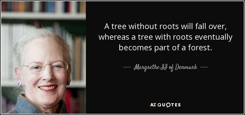 A tree without roots will fall over, whereas a tree with roots eventually becomes part of a forest. - Margrethe II of Denmark