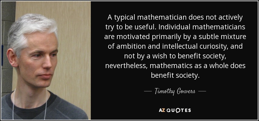 A typical mathematician does not actively try to be useful. Individual mathematicians are motivated primarily by a subtle mixture of ambition and intellectual curiosity, and not by a wish to benefit society, nevertheless, mathematics as a whole does benefit society. - Timothy Gowers