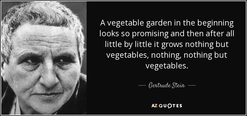 A vegetable garden in the beginning looks so promising and then after all little by little it grows nothing but vegetables, nothing, nothing but vegetables. - Gertrude Stein