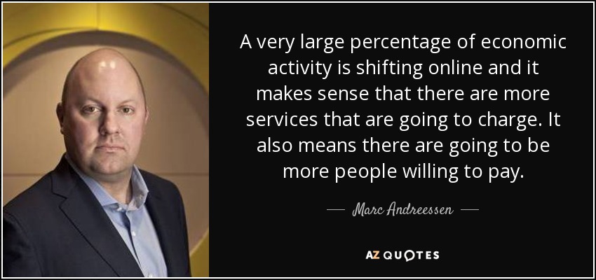 A very large percentage of economic activity is shifting online and it makes sense that there are more services that are going to charge. It also means there are going to be more people willing to pay. - Marc Andreessen