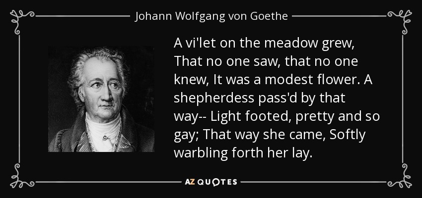 A vi'let on the meadow grew, That no one saw, that no one knew, It was a modest flower. A shepherdess pass'd by that way-- Light footed, pretty and so gay; That way she came, Softly warbling forth her lay. - Johann Wolfgang von Goethe