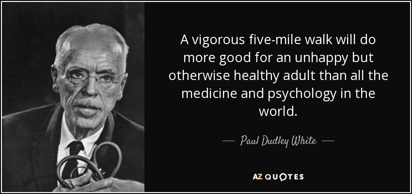 A vigorous five-mile walk will do more good for an unhappy but otherwise healthy adult than all the medicine and psychology in the world. - Paul Dudley White
