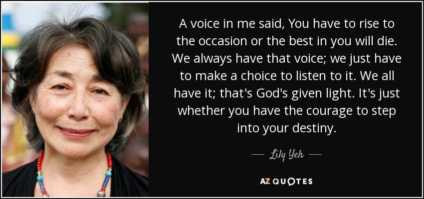 A voice in me said, You have to rise to the occasion or the best in you will die. We always have that voice; we just have to make a choice to listen to it. We all have it; that's God's given light. It's just whether you have the courage to step into your destiny. - Lily Yeh