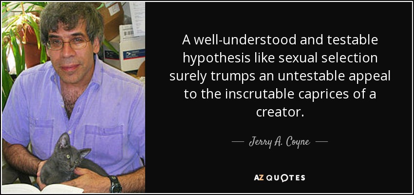 A well-understood and testable hypothesis like sexual selection surely trumps an untestable appeal to the inscrutable caprices of a creator. - Jerry A. Coyne