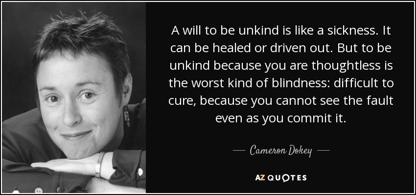 A will to be unkind is like a sickness. It can be healed or driven out. But to be unkind because you are thoughtless is the worst kind of blindness: difficult to cure, because you cannot see the fault even as you commit it. - Cameron Dokey