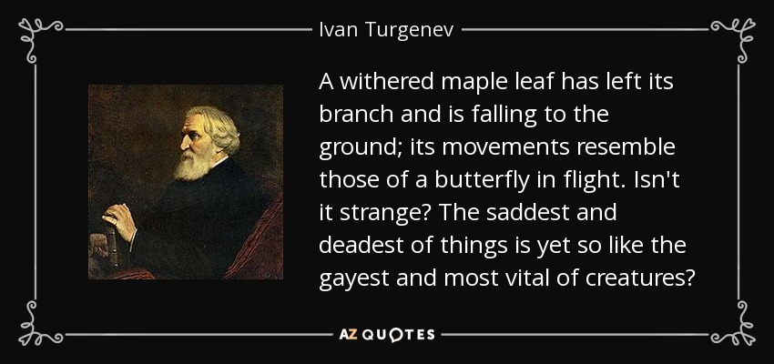 A withered maple leaf has left its branch and is falling to the ground; its movements resemble those of a butterfly in flight. Isn't it strange? The saddest and deadest of things is yet so like the gayest and most vital of creatures? - Ivan Turgenev