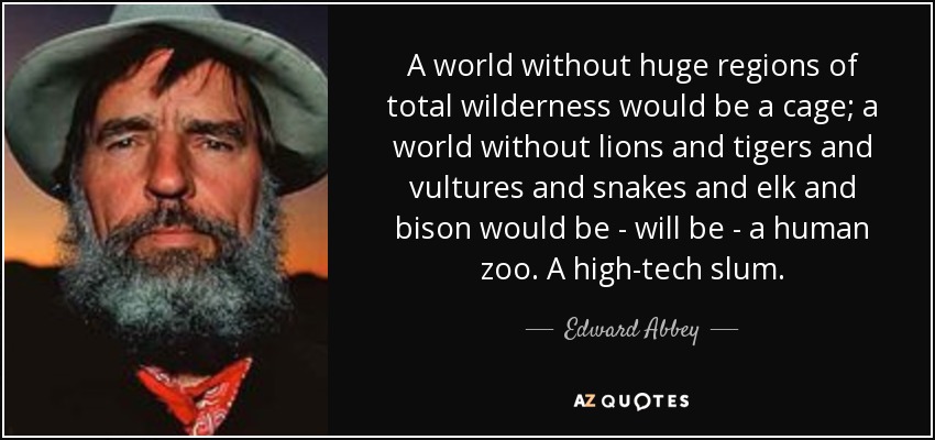 A world without huge regions of total wilderness would be a cage; a world without lions and tigers and vultures and snakes and elk and bison would be - will be - a human zoo. A high-tech slum. - Edward Abbey